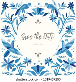 Colorful Mexican Traditional Textile Embroidery Style from Tenango, Hidalgo; México – Copy Space Floral Save The Date Card