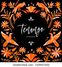 Colorful Mexican Traditional Textile Embroidery Style from Tenango, Hidalgo; México – Copy Space Floral Composition