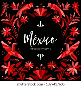 Colorful Mexican Traditional Textile Embroidery Style from Tenango, Hidalgo; México – Copy Space Floral Composition
