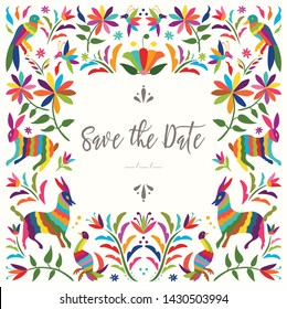 Colorful Mexican Traditional Textile Embroidery Style from Tenango, Hidalgo; México – Copy Space Floral Wedding Invitation