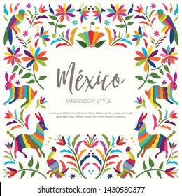 Colorful Mexican Traditional Textile Embroidery Style from Tenango, Hidalgo; México – Copy Space Floral Composition