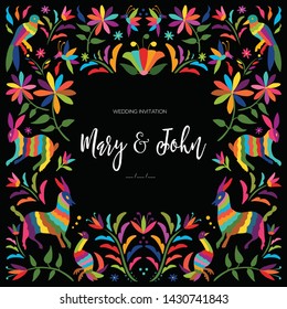 Colorful Mexican Traditional Textile Embroidery Style from Tenango, Hidalgo; México – Copy Space Floral Wedding Invitation