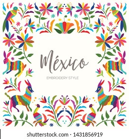 Colorful Mexican Traditional Textile Embroidery Style from Tenango, Hidalgo; México – Copy Space Floral Composition