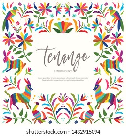 Colorful Mexican Traditional Textile Embroidery Style from Tenango, Hidalgo; México – Copy Space Floral Composition