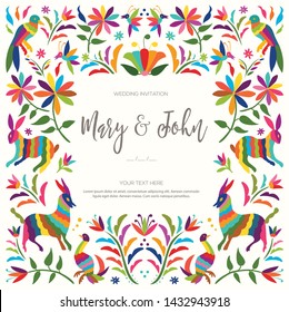 Colorful Mexican Traditional Textile Embroidery Style from Tenango, Hidalgo; México – Copy Space Floral Wedding Invitation