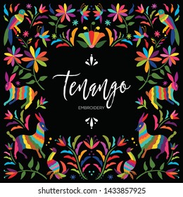 Colorful Mexican Traditional Textile Embroidery Style from Tenango, Hidalgo; México – Copy Space Floral Composition