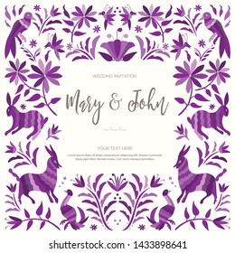 Colorful Mexican Traditional Textile Embroidery Style from Tenango, Hidalgo; México – Copy Space Floral Wedding Invitation