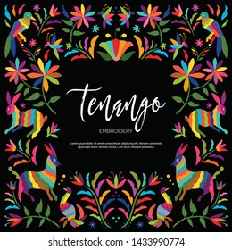Colorful Mexican Traditional Textile Embroidery Style from Tenango, Hidalgo; México – Copy Space Floral Composition