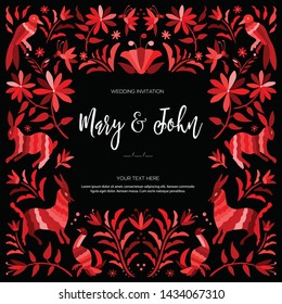 Colorful Mexican Traditional Textile Embroidery Style from Tenango, Hidalgo; México – Copy Space Floral Wedding Invitation