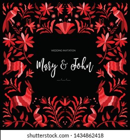 Colorful Mexican Traditional Textile Embroidery Style from Tenango, Hidalgo; México – Copy Space Floral Wedding Invitation