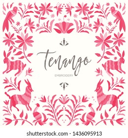 Colorful Mexican Traditional Textile Embroidery Style from Tenango, Hidalgo; México – Copy Space Floral Composition