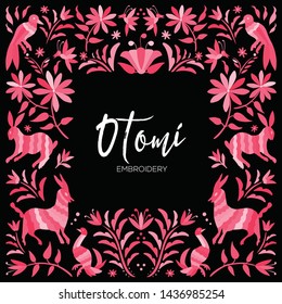 Colorful Mexican Traditional Textile Embroidery Style from Tenango, Hidalgo; México – Copy Space Floral Composition