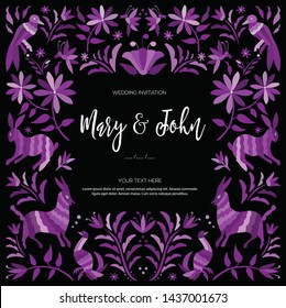 
Colorful Mexican Traditional Textile Embroidery Style from Tenango, Hidalgo; México – Copy Space Floral Wedding Invitation