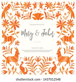Colorful Mexican Traditional Textile Embroidery Style from Tenango, Hidalgo; México – Copy Space Floral Wedding Invitation