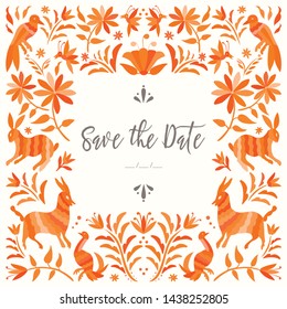 Colorful Mexican Traditional Textile Embroidery Style from Tenango, Hidalgo; México – Copy Space Floral Wedding Invitation