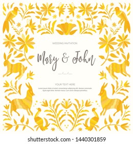 Colorful Mexican Traditional Textile Embroidery Style from Tenango, Hidalgo; México – Copy Space Floral Wedding Invitation