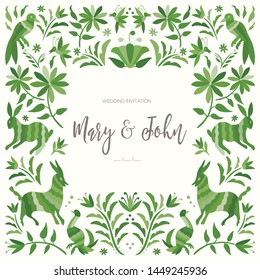 Colorful Mexican Traditional Textile Embroidery Style from Tenango, Hidalgo; México – Copy Space Floral Wedding Invitation