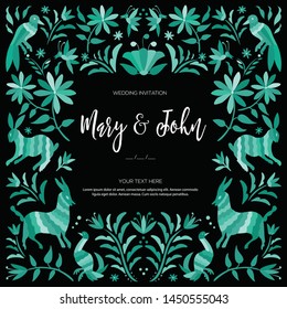 Colorful Mexican Traditional Textile Embroidery Style from Tenango, Hidalgo; México – Copy Space Floral Wedding Invitation