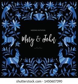 Colorful Mexican Traditional Textile Embroidery Style from Tenango, Hidalgo; México – Copy Space Floral Wedding Invitation