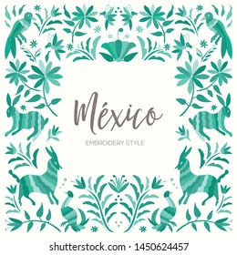 Colorful Mexican Traditional Textile Embroidery Style from Tenango, Hidalgo; México – Copy Space Floral Composition