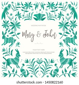 Colorful Mexican Traditional Textile Embroidery Style from Tenango, Hidalgo; México – Copy Space Floral Wedding Invitation