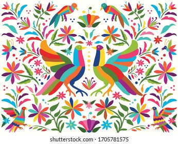 Colorful Mexican Traditional Textile Embroidery Style from Tenango, Hidalgo; México – Copy Space Floral Composition with Birds