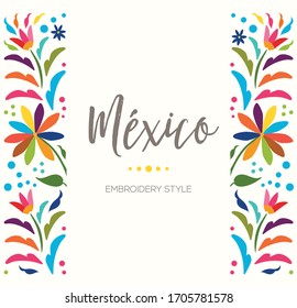 Colorful Mexican Traditional Textile Embroidery Style from Tenango, Hidalgo; México – Copy Space Floral Composition