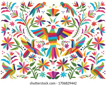 Colorful Mexican Traditional Textile Embroidery Style from Tenango, Hidalgo; México – Copy Space Floral Composition with Birds
