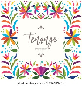 Colorful Mexican Traditional Textile Embroidery Style from Tenango, Hidalgo; México – Copy Space Floral Composition