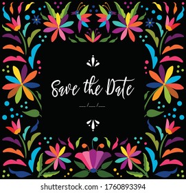 Colorful Mexican Traditional Textile Embroidery Style from Tenango, Hidalgo; México – Save the Date Card