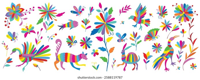 Colorful Mexican Traditional Textile Embroidery Style. Folk otomi style graphic, wallpaper. Festive mexican floral motif