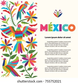 Colorful Mexican Traditional Textile Embroidery Style from Tenango, Hidalgo; México – Copy Space Floral Composition with Birds