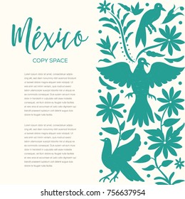 Colorful Mexican Traditional Textile Embroidery Style from Tenango, Hidalgo; México – Copy Space Floral Composition 