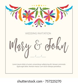 Colorful Mexican Traditional Textile Embroidery Style From Tenango, Hidalgo; México - Wedding Invitation