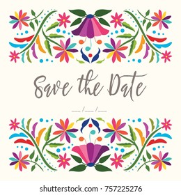 Colorful Mexican Traditional Textile Embroidery Style From Tenango, Hidalgo; México - Save The Date Invitation