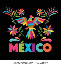 Colorful Mexican Traditional Textile Embroidery Style from Tenango, Hidalgo; Mexico – Copy Space Floral Composition