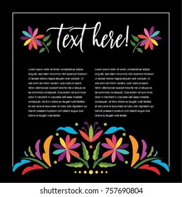 Colorful Mexican Traditional Textile Embroidery Style from Tenango, Hidalgo; México – Copy Space Floral Composition