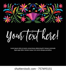 Colorful Mexican Traditional Textile Embroidery Style from Tenango, Hidalgo; México – Copy Space Floral Composition