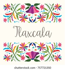 Colorful Mexican Traditional Textile Embroidery Style Floral Composition – Tlaxcala City; México 