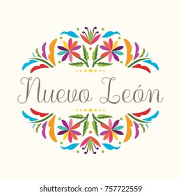 Colorful Mexican Traditional Textile Embroidery Style Floral Composition – Nuevo León State; México 