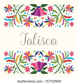 Colorful Mexican Traditional Textile Embroidery Style Floral Composition – Jalisco State; México 