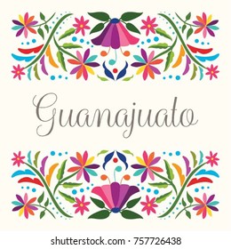 Colorful Mexican Traditional Textile Embroidery Style Floral Composition – Guanajuato State; México 