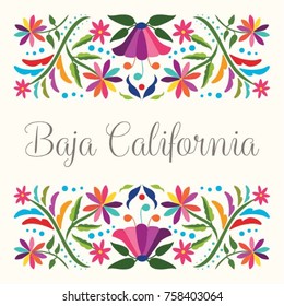 Colorful Mexican Traditional Textile Embroidery Style Floral Composition – Baja California State; México