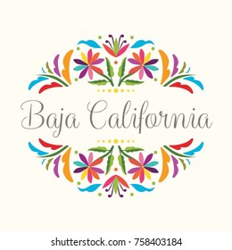 Colorful Mexican Traditional Textile Embroidery Style Floral Composition – Baja California State; México