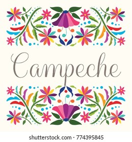 Colorful Mexican Traditional Textile Embroidery Style Floral Composition – Campeche State; México