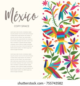 Colorful Mexican Traditional Textile Style from Tenango, Hidalgo; México – Copy Space Floral Composition with Birds