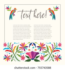 Colorful Mexican Traditional Textile Style from Tenango, Hidalgo; México – Copy Space Floral Composition with Birds