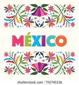 Colorful Mexican Traditional Textile Style from Tenango, Hidalgo; México – Copy Space Floral Composition