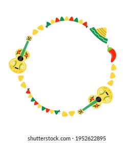 Colorful mexican vector round frame template, background for Cinco de Mayo design with sombrero, guitars, nacho chips, garlands and chili peppers.