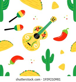 Colorful mexican vector seamless pattern background for Cinco de Mayo design with maracas, guitar, cactus, taco and chili peppers.